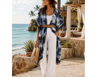 Tropical Palm Print Sheer Beach Kimono Cover Up One Size Blue Gold Resort