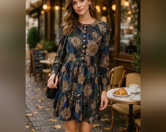 Minivestido floral vintage estilo boho chic de los 90, rayón, fabricado en EE. UU., talla L