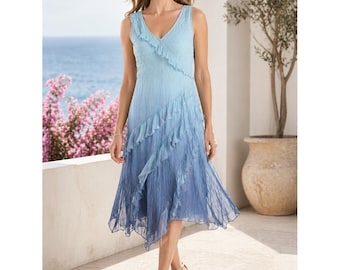 NWOT Coldwater Creek Blue Ombre Chiffon Ruffle Dress XL Sleeveless Fairy Boho