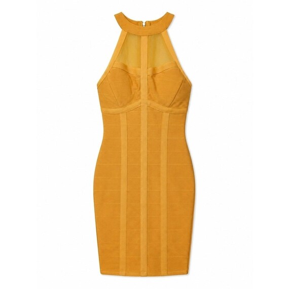 haute monde bodycon dress Mustard Bandage Sheer Mesh Halter Size S NWT Ruched bodycon
