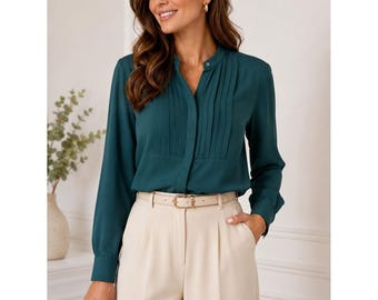 J.Crew blouse met plooien, maat XL, donkerblauwgroen, met verborgen knoopsluiting, lange mouwen, geschikt voor een zakelijke look.