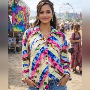 Patchington Vintage Multi Color Raw Strips Button Front Tie Dyed Jacket - L