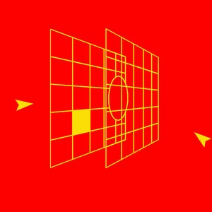 Puede incluir: Un objetivo amarillo con un círculo y un cuadrado sobre un fondo rojo.