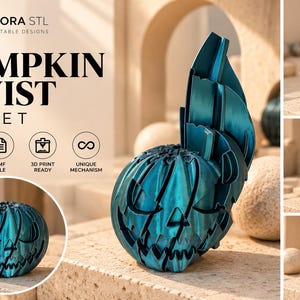 May include: A teal 3D printed pumpkin fidget toy with a segmented, twisting design. The object features a carved jack-o'-lantern face with sharp, angular eyes and a jagged mouth. The structure consists of multiple layered, curved panels.