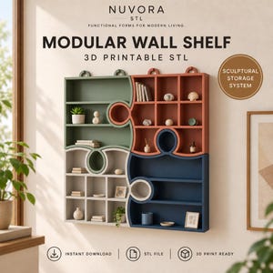 May include: A modular wall shelf 3D printable STL file by Nuvora. The storage system features four interlocking puzzle-piece sections in sage green, terracotta, cream, and navy blue, each containing various square and rectangular display compartments.