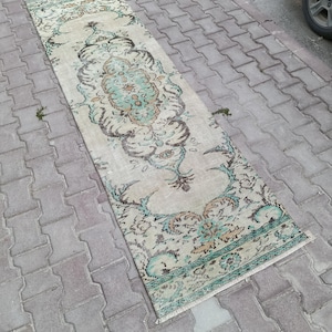 3x9 Vintage Turkish Runner Rug, 3x9 Feet Distressed Hallway Rug, Muted Turquoise Oushak Runner, Handcrafted Wool Kitchen Rug, Boho Entryway