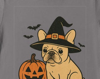 French Bulldog Halloween Shirt PNG, Witch Hat Frenchie with Pumpkin, Cute Dog Halloween T-Shirt Design, Fall Pet Lover Sublimation, Transpar