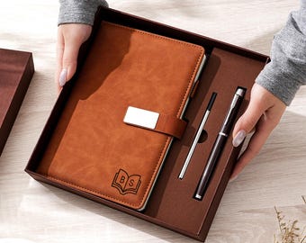 Op maat gegraveerd notitieboekje met pen, leren notitieboekjeset, bedankje eindejaar, bijpassende pen, aangepaste afstudeercadeaus, cadeau nieuwe baan