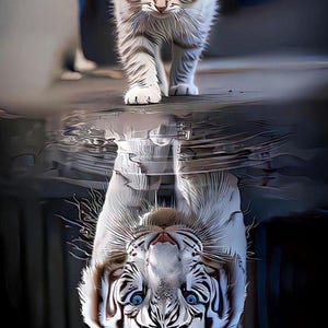 Puede incluir: Imagen digitalmente alterada de un gatito blanco con ojos azules caminando hacia el espectador. Debajo, un reflejo transforma al gatito en un tigre blanco con rayas negras, creando un contraste visual impactante. La imagen juega con el tema de la dualidad.