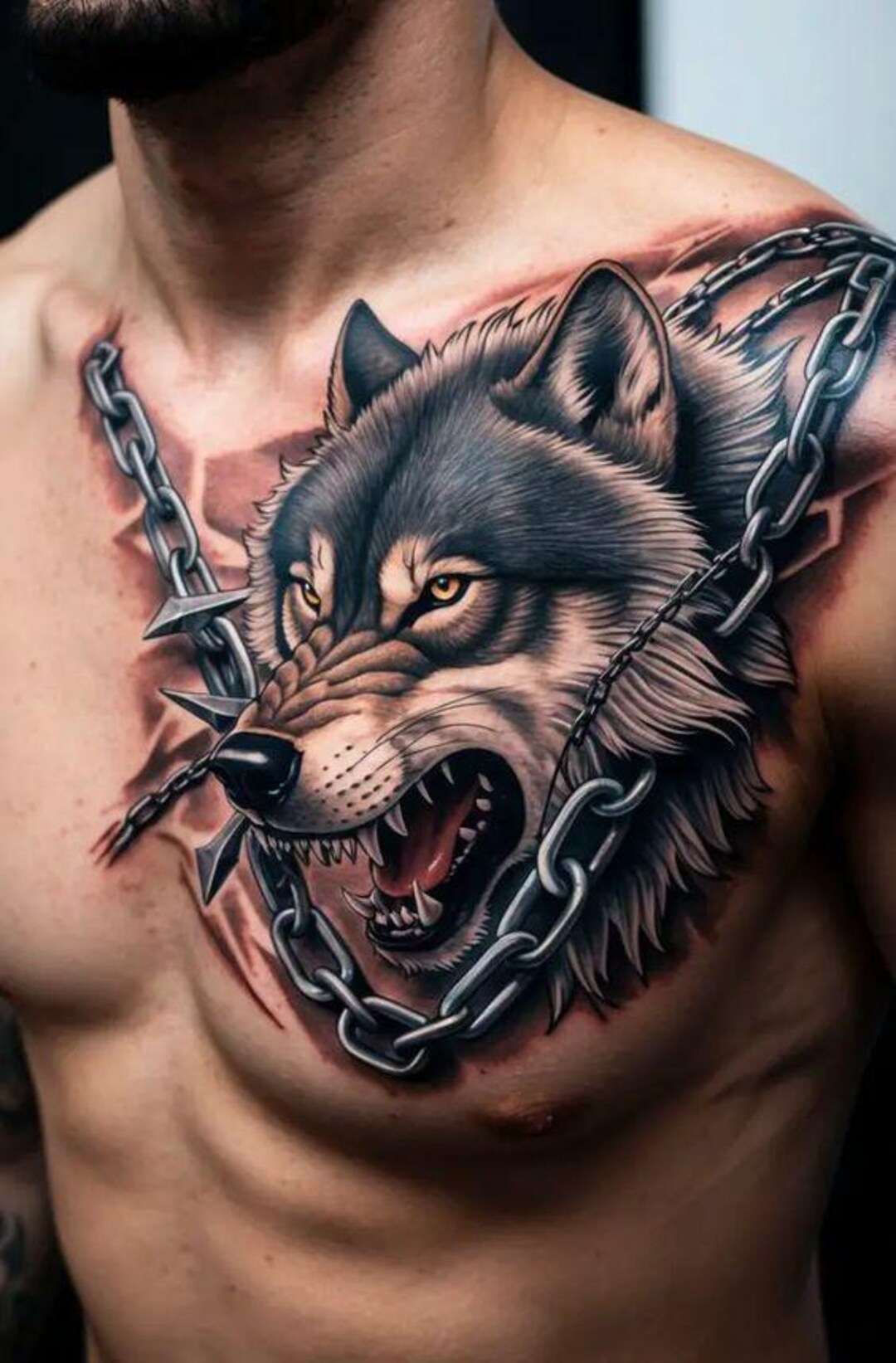 Wolf Brust Tattoo Design: Realistischer Kopf mit Ketten (Digitaler  Download) - Etsy Österreich, image size:1080x1643