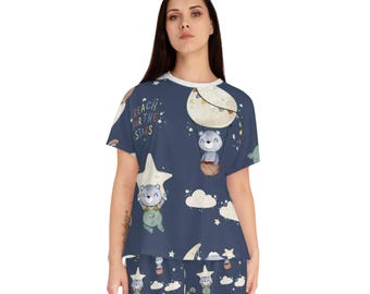 Women's Pajama Set | Hand-Drawn Moon, Stars, Bears Print Short Set