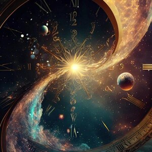 May include: An artistic depiction of a clock face with Roman numerals, set against a swirling galaxy background. The design features a bright central light source, planets, and cosmic elements, creating a surreal and imaginative scene.