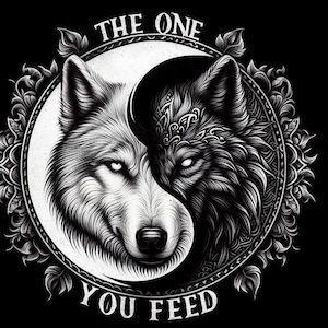 Könnte beinhalten: Schwarz-Weiß-Illustration von zwei Wolfsgesichtern, die ein Yin-Yang-Symbol bilden. Der Text "THE ONE YOU FEED" ist über und unter den Wölfen angeordnet. Die Wölfe sind detailliert mit Fell und komplizierten Mustern dargestellt.