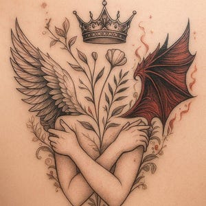 May include: A detailed tattoo design featuring a crown, angel wings, and a devil's wing. The design includes a person embracing themselves, with floral elements and a red wing on the right side. The artwork is in black and white with red accents.