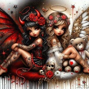 Könnte beinhalten: Digitales Kunstwerk mit zwei Fantasy-Figuren, eine mit Teufelshörnern und roten Flügeln, die andere mit Engelsflügeln. Beide Figuren haben Blumenschmuck, Tätowierungen und sitzen. Ein Teddybär und Totenköpfe sind ebenfalls vorhanden.