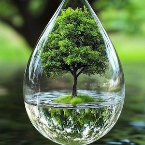 Puede incluir: Una esfera de vidrio transparente en forma de lágrima que contiene un pequeño árbol sobre un parche de hierba verde, reflejado en el agua de abajo. El fondo es verde borroso, sugiriendo un entorno natural.