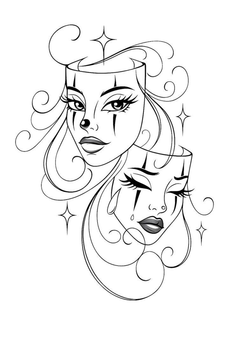 Drama Masks Line Art | Happy Sad Faces Tattoo Design (digital Download ...