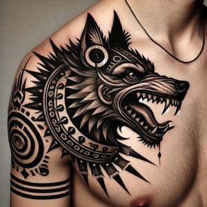 Könnte beinhalten: Detailliertes Schwarz-Weiß-Tattoo eines knurrenden Wolfskopfes mit scharfen Zähnen und aufwendigen Stammesmustern. Das Tattoo befindet sich auf der oberen Brust und Schulter und zeigt einen kreisförmigen Kragen und geometrische Muster.