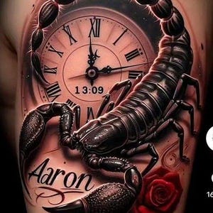 May include: A detailed tattoo design featuring a black scorpion over a clock face with Roman numerals. The clock shows 1:09 PM. The name "Aaron" is scripted below the scorpion, with a red rose at the bottom.