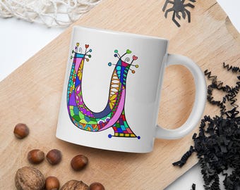 Taza de café con monograma U - Taza de cerámica brillante con inicial