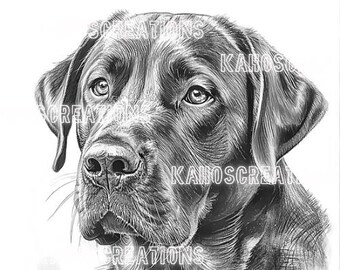 May include: Black and white detailed illustration of a Labrador Retriever dog's face. The dog's fur is textured, and the image includes the text "CREATIONS" and "KANOSCREATIONS".