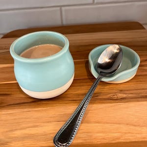 Second - Hand-Thrown Stoneware Satin Robin-Egg Blue Espresso/Demitasse Cup and Spoon Rest Set