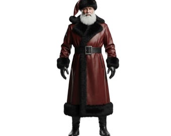May include: A Santa Claus costume featuring a burgundy leather-like coat with black faux fur trim. The costume includes a matching hat, belt, gloves, and boots. The Santa Claus costume is a festive outfit for holiday events.