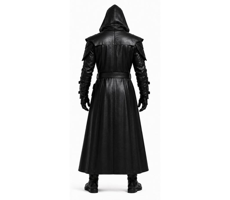 以下が含まれることがあります： 肩のアクセント、ベルト、手袋が付いた、長い黒い革のフード付きコート。 コートはフルレングスのデザインで、黒いブーツを着用しています。 白い背景に対してコートの背面図が表示されています。