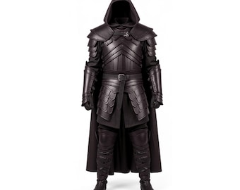 Capa medieval de couro com capuz e armadura – Fantasia de cavaleiro guerreiro para cosplay