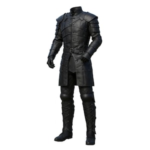 May include: A full suit of black armor, including a high-collared tunic, shoulder guards, gauntlets, and greaves. The armor is made of leather and features riveted details and a belt. The boots are laced up the front.