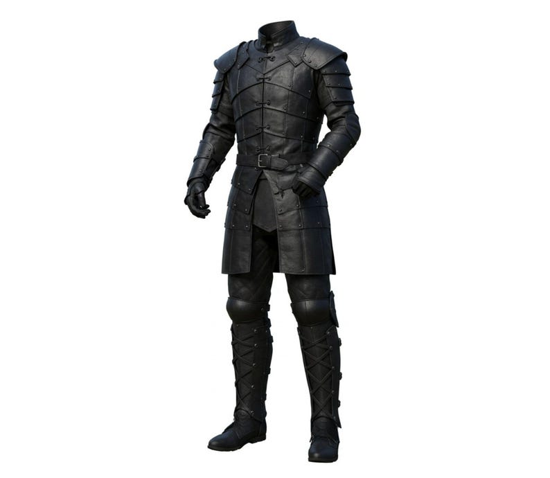 May include: A full suit of black armor, including a high-collared tunic, shoulder guards, gauntlets, and greaves. The armor is made of leather and features riveted details and a belt. The boots are laced up the front.