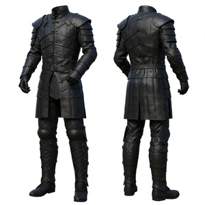 May include: Black leather armor set, featuring a high collar, shoulder pauldrons, and segmented sleeves. The set includes a tunic, belt, and laced-up leg armor, with knee protection. The armor is displayed from the front and back.