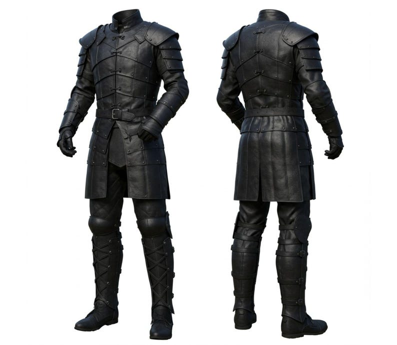 May include: Black leather armor set, featuring a high collar, shoulder pauldrons, and segmented sleeves. The set includes a tunic, belt, and laced-up leg armor, with knee protection. The armor is displayed from the front and back.