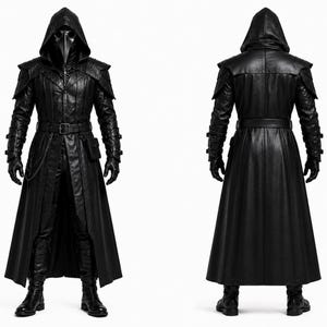 以下が含まれることがあります： 黒色のフード付きロングレザーコートと鳥のくちばしのようなマスク。肩パッド、チェーン付きベルト、手袋が特徴です。ブーツは黒色です。ゴシックまたはスチームパンクスタイル。