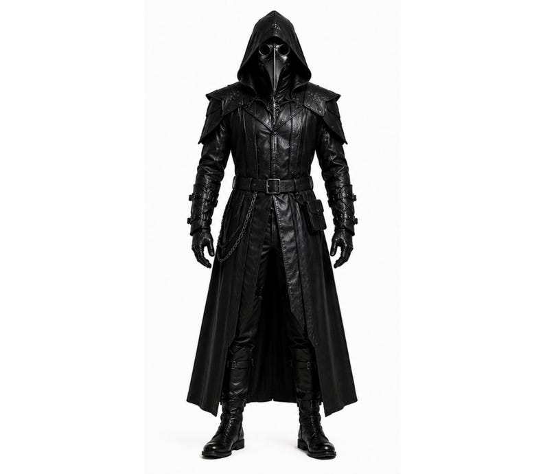以下が含まれることがあります： 黒革の全身ペスト医師コスチューム。フード付きマントとくちばし型のマスクが特徴。ロングコート、手袋、ベルト、ブーツが含まれています。ゴシックまたはスチームパンクの美学を持つコスチュームです。