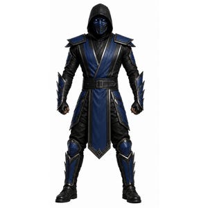 May include: A collectible action figure of a warrior wearing a dark blue and black hooded ninja outfit. The figure features a masked face with glowing blue eyes, shoulder armour, spiked forearm guards, a belted tunic, and matching leg armour.