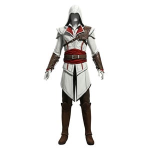 May include: A white and red Assassin's Creed costume with a hooded top, brown leather accents, and a red belt. The costume includes a long tunic, dark brown pants, and matching boots. The outfit is displayed on a mannequin.
