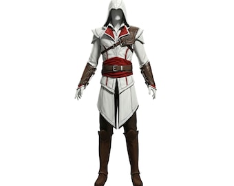 白い革のアサシンコスプレコート - ゴシック中世戦士オーバーコート - エツィオ・クリード コスプレ衣装