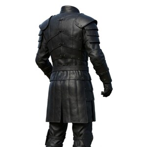 May include: Black leather armor set with shoulder pauldrons, a long coat, and matching pants. The armor features riveted details and a high collar. The gloves are also black leather. The set is designed for a medieval or fantasy theme.