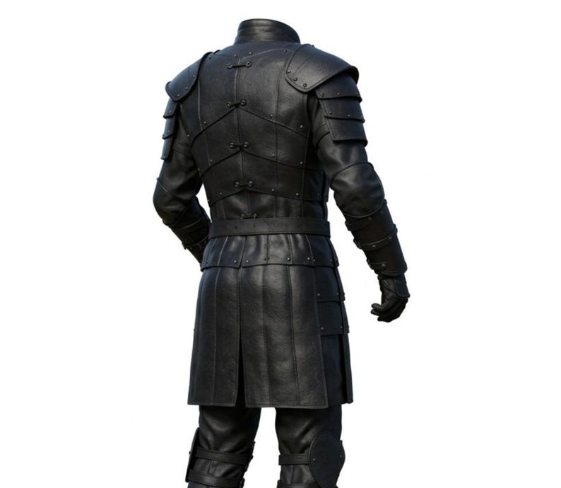 May include: Black leather armor set with shoulder pauldrons, a long coat, and matching pants. The armor features riveted details and a high collar. The gloves are also black leather. The set is designed for a medieval or fantasy theme.