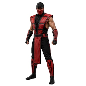 May include: A figure in a red and black costume, with a mask, chest armour, and leg guards. The costume has a sleek design with a black base and red accents. The figure is in a standing pose, showcasing the details of the outfit.