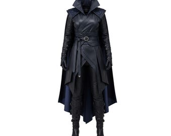 May include: A dark blue, full-length costume with a high collar, belted waist, and flowing cape. The outfit includes a long coat, gloves, pants, and boots. The costume has intricate stitching and a layered design, creating a dramatic and detailed appearance.