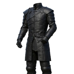 May include: Black leather armor set with a high collar, shoulder pads, and a belted waist. The armor includes gauntlets, and knee pads. The design features layered plates and decorative rivets, creating a medieval or fantasy aesthetic.