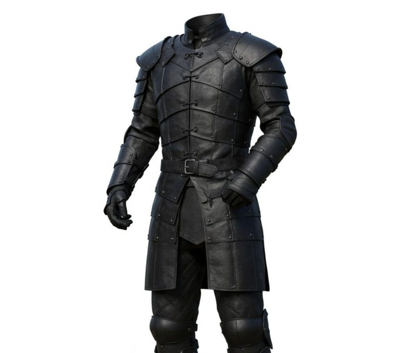 May include: Black leather armor set with a high collar, shoulder pads, and a belted waist. The armor includes gauntlets, and knee pads. The design features layered plates and decorative rivets, creating a medieval or fantasy aesthetic.