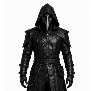 以下が含まれることがあります： 黒い革製のペスト医師のコスチューム。フード付きマント、肩当て、チェーン付きベルトが特徴です。コスチュームには、丸い目の穴と手袋が付いたくちばし型のマスクが含まれています。