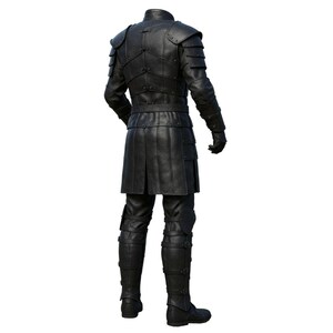 May include: A full set of black leather armor, including a jacket with shoulder guards, a skirt-like lower garment, and fitted pants with knee protection. The armor is designed with multiple panels and rivets, and the boots are also black.