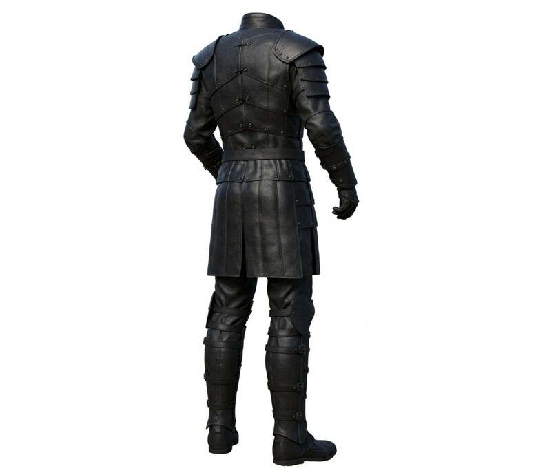 May include: A full set of black leather armor, including a jacket with shoulder guards, a skirt-like lower garment, and fitted pants with knee protection. The armor is designed with multiple panels and rivets, and the boots are also black.