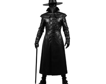 May include: A black plague doctor costume. The costume includes a long leather coat, a wide-brimmed hat, a beak-shaped mask, gloves, and boots. The person is holding a cane. The costume is all black.