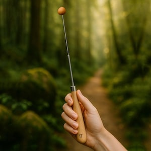 Puede incluir: Una varilla de zahorí de madera con una pequeña bola de madera en la parte superior. La varilla tiene un resorte metálico y un mango de madera. El mango tiene las letras "TT" grabadas. El fondo es una escena borrosa del bosque.