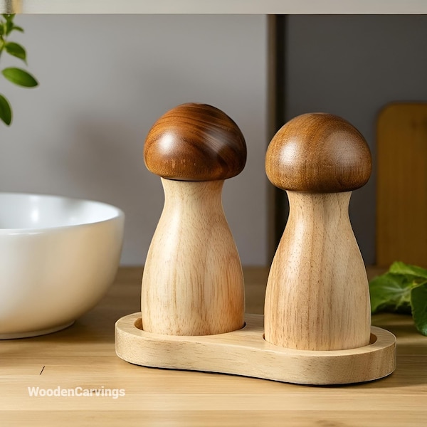Molinillos de sal y pimienta de madera con forma de hongo / Juego de molinillos de especias hechos a mano / Regalo de decoración rústica para cocina